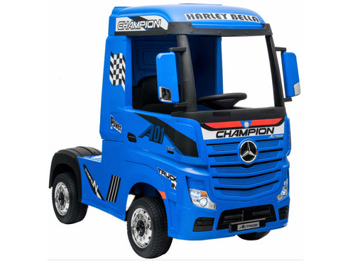 Licensed Mercedes Actros children's 24v ride on lorry with upgraded LEATHER seat, EVA RUBBER tyres, MP4 screen and has parental control- Blue