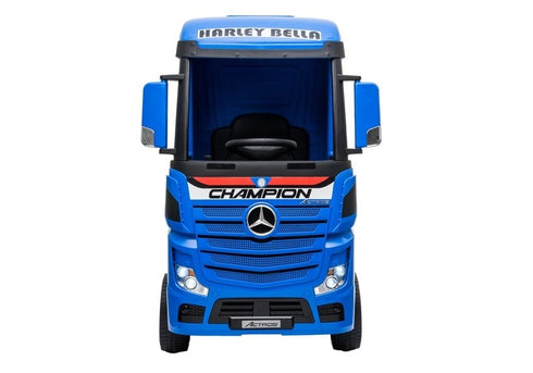 Licensed Mercedes Actros children's 24v ride on lorry with upgraded LEATHER seat, EVA RUBBER tyres, MP4 screen and has parental control- Blue