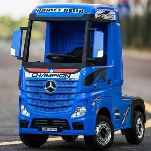 Licensed Mercedes Actros children's 24v ride on lorry with upgraded LEATHER seat, EVA RUBBER tyres, MP4 screen and has parental control- Blue