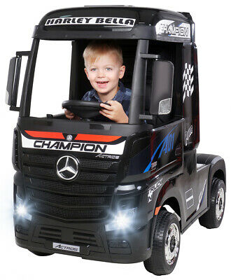 Licensed Mercedes Actros children's 24v ride on lorry with upgraded LEATHER seat, EVA RUBBER tyres, MP4 screen and has parental control- Black