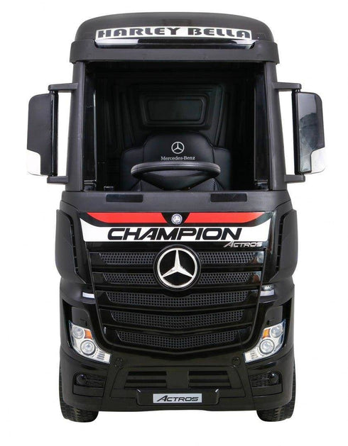 Licensed Mercedes Actros children's 24v ride on lorry with upgraded LEATHER seat, EVA RUBBER tyres, MP4 screen and has parental control- Black