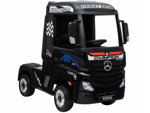 Licensed Mercedes Actros children's 24v ride on lorry with upgraded LEATHER seat, EVA RUBBER tyres, MP4 screen and has parental control- Black
