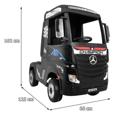 Licensed Mercedes Actros children's 24v ride on lorry with upgraded LEATHER seat, EVA RUBBER tyres, MP4 screen and has parental control- Black