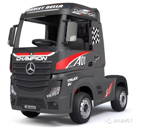 Licensed Mercedes Actros children's 24v ride on lorry with upgraded LEATHER seat, EVA RUBBER tyres, MP4 screen and has parental control- Black