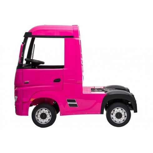 Licensed Mercedes Actros children's 24v ride on lorry with upgraded LEATHER seat, EVA RUBBER tyres, MP4 screen and has parental control- Pink