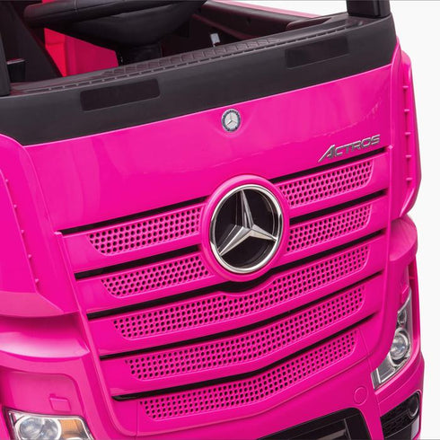 Licensed Mercedes Actros children's 24v ride on lorry with upgraded LEATHER seat, EVA RUBBER tyres, MP4 screen and has parental control- Pink