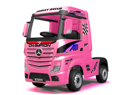 Licensed Mercedes Actros children's 24v ride on lorry with upgraded LEATHER seat, EVA RUBBER tyres, MP4 screen and has parental control- Pink